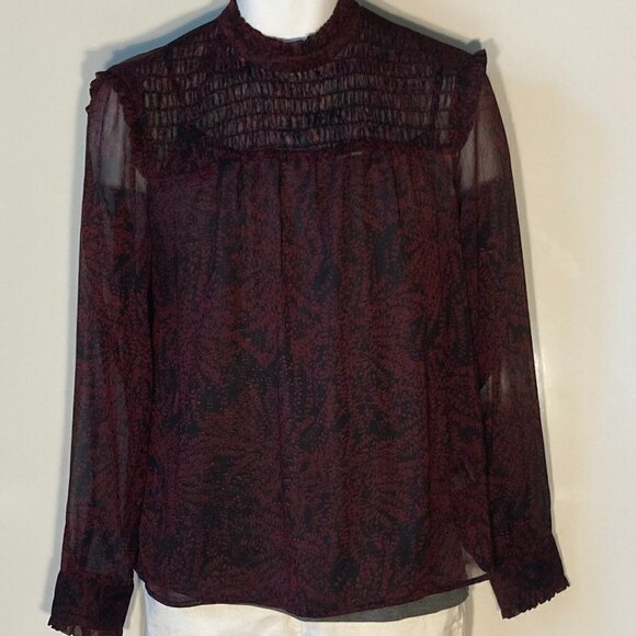 Who What Wear SZL Black sheer top wine print Smocking Whimsigoth Fairy Boho Chic - Picture 2 of 8